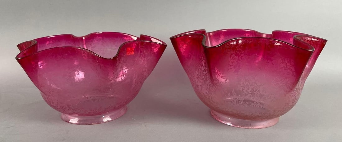 Group of 2 Antique Cranberry Ruffle Etched Glass Lamp Shades (1 of 4)