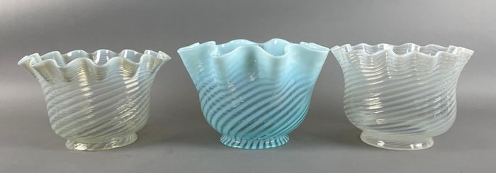 Group of Antique Opalescent Swirl Ruffle Glass Lamp Shades