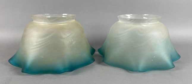 Group of 2 Antique Blue Ruffle Frosted Glass Lamp Shades