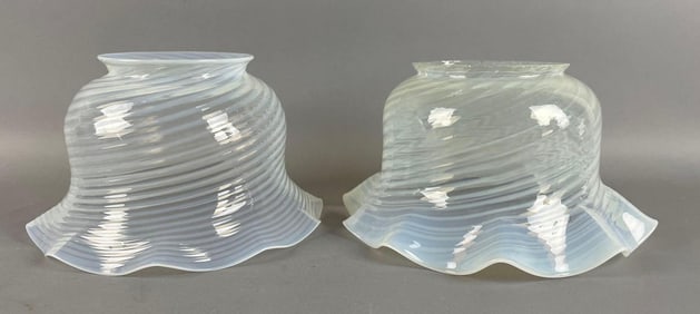 Group of 2 Antique Ruffle Opalescent Swirl Glass Lamp Shades