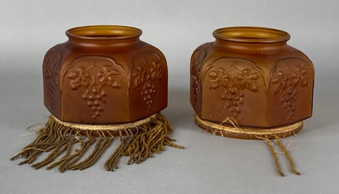 Group of 2 Antique Amber Beaded Pressed Glass Lamp Shades