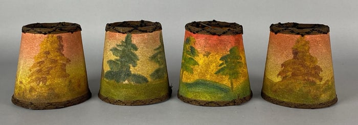 Group of 4 Antique Hand Painted Textured Paper Lamp Shades