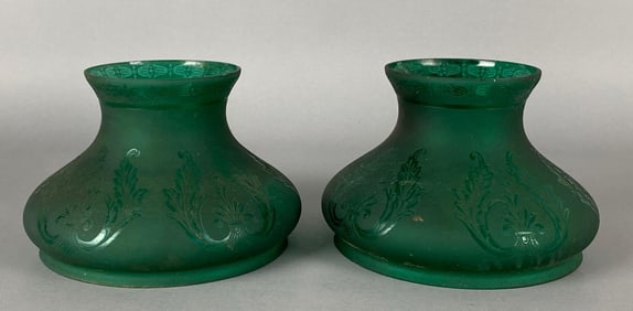 Group of 2 Antique Frosted Etched Glass Lamp Shades