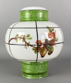 Antique Hand Painted Green White Glass Lamp Shade