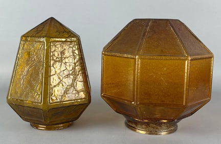 Group of 2 Antique Amber Paneled Glass Ceiling Fixture Lamp Shades