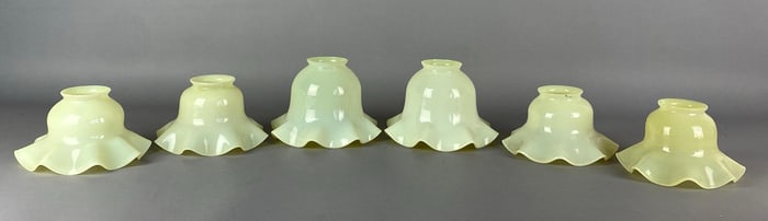 Group of 6 Antique Vaseline Ruffled Glass Lamps Shades