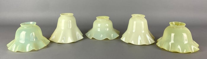 Group of 5 Antique Vaseline Ruffled Glass Lamp Shade
