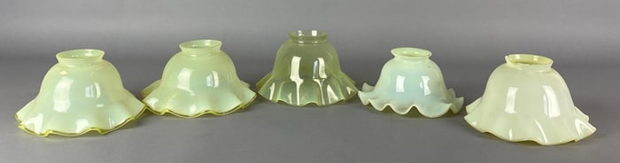 Group of 5 Antique Vaseline Ruffled Glass Lamp Shades