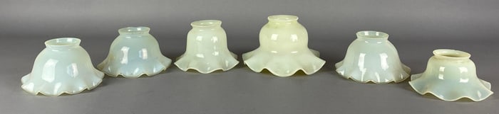 Group of 6 Antique Vaseline Ruffled Glass Lamp Shades