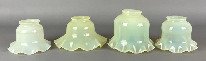 Group of 4 Antique Vaseline Ruffled Glass Lamp Shades
