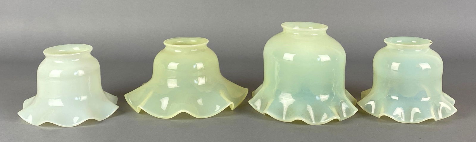 Group of 4 Antique Vaseline Ruffled Glass Lamp Shades (1 of 4)