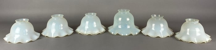 Group of 6 Antique Vaseline Ruffled Glass Lamp Shades