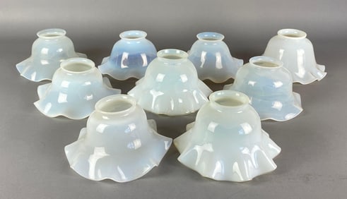 Group of 9 Antique Opalescent Ruffled Glass Lamp Shades