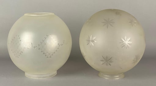 Group of 2 Antique Frosted Etched Glass Globe Lamp Shades