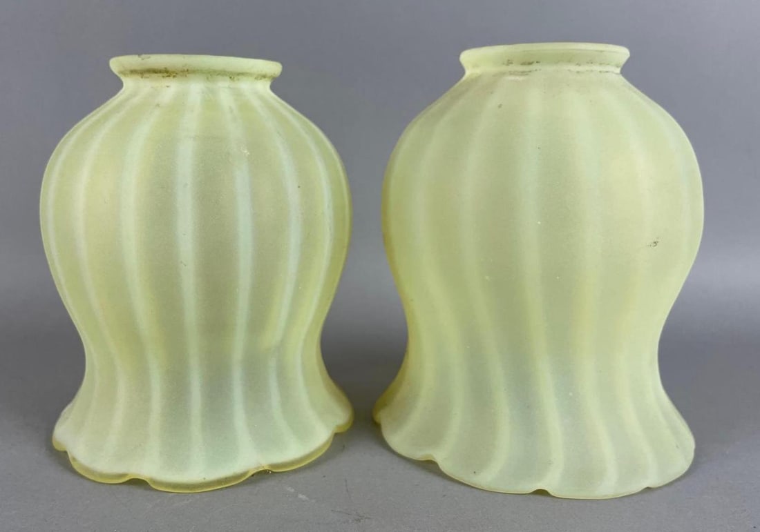 Group of 2 Antique Opalescent Satin Vaseline Glass Lamp Shades (1 of 4)