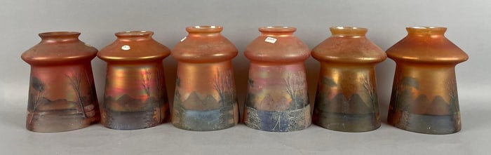 Group of Antique Hand-Painted Landscape Carnival Glass Lamp Shades