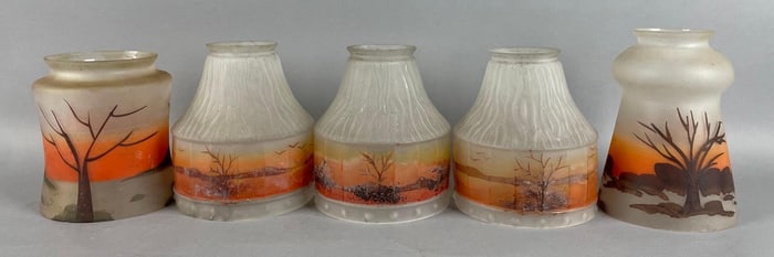 Group of Antique Hand-Painted Landscape Frosted Glass Lamp Shades
