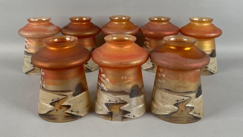 Group of Antique Hand-Painted Landscape Glass Lamp Shades
