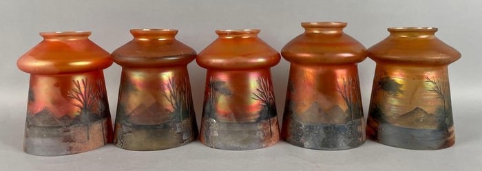 Group of Antique Hand-Painted Mountain Landscape Carnival Glass Lamp Shades