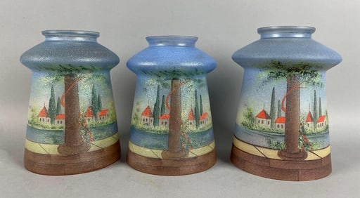 Group of Antique Hand-Painted Landscape Textured Glass Lamp Shades