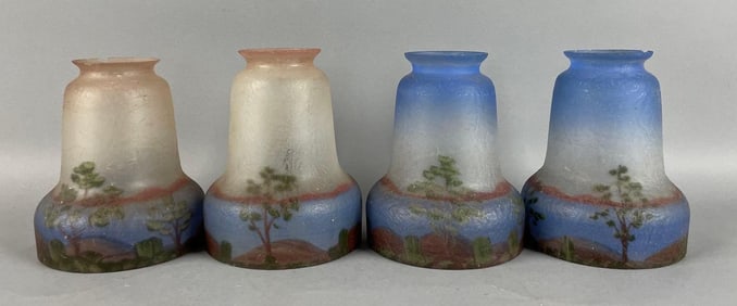 2 Sets of Antique Hand-Painted Landscape Glass Lamp Shades