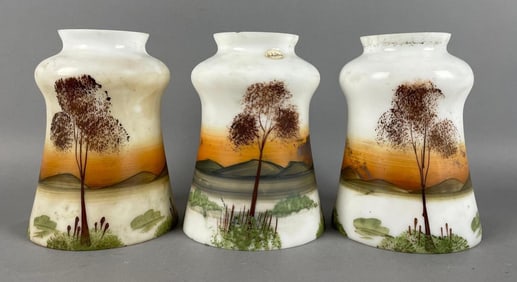 Group of Antique Hand-Painted Mountain Landscape Glass Lamp Shades