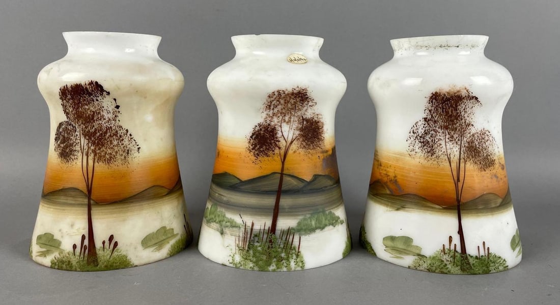 Group of Antique Hand-Painted Mountain Landscape Glass Lamp Shades (1 of 4)