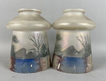 Group of Antique Hand-Painted Mountain Landscape Glass Lamp Shades