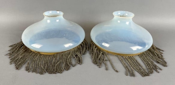 Group of Antique Opalescent Beaded Fringe Glass Lamp Shades
