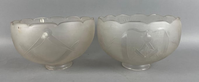Group of 2 Antique Masonic Etched Glass Lamp Shades