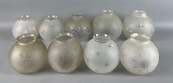 Group of Antique Frosted Glass Star Pattern Globe Lamp Shades