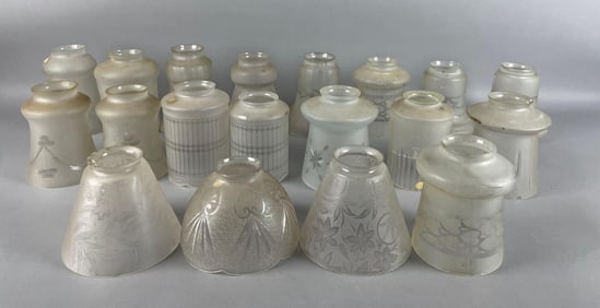 Group of Antique Etched and Cut Frosted Glass Lamp Shades