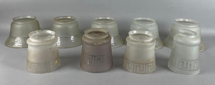 Group of Antique Geometric Pattern Frosted Glass Lamp Shades