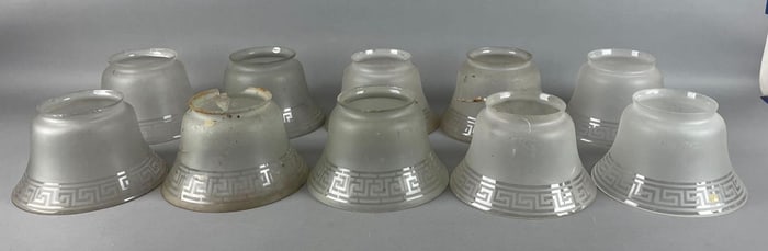 Group of Antique Geometric Pattern Frosted Glass Lamp Shades
