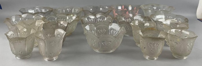 Group of Antique Fleur de Lis Pressed Glass Lamp Shades