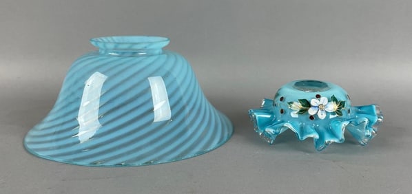 Group of 2 Antique Blue Glass Lamp Shades