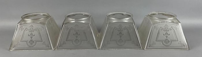 Group of Antique 4 Panel Etched Glass Lamp Shades
