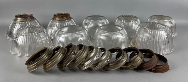 Group of Antique Cut / Pressed Glass Lamp Shades with Metal Fitters