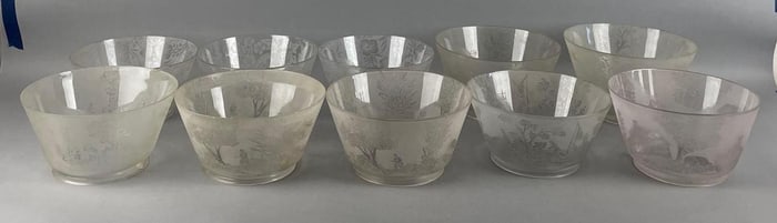 Group of Antique Landscape and Floral Etched Glass Lamp Shades