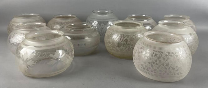 Group of Antique Etched Glass Globe Lamp Shades
