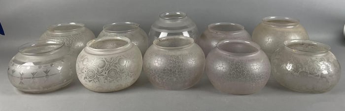 Group of Antique Etched Glass Globe Lamp Shades
