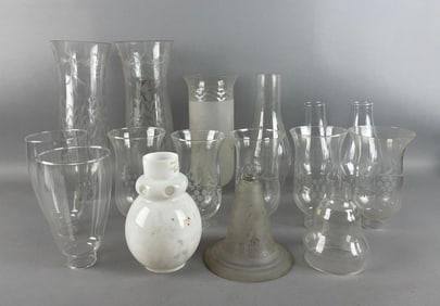 Group of Antique Glass Lamp Shades, Chimneys, and More
