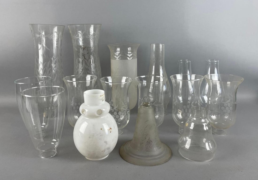 Group of Antique Glass Lamp Shades, Chimneys, and More (1 of 4)