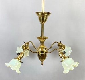 Antique Simple 4-Arm Electrified Hanging Light with Custard Glass Shades