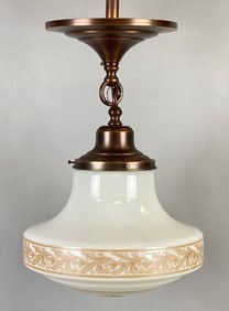 Antique Art Deco Electrified Hanging Light Fixture with Stenciled Milk Glass Shade