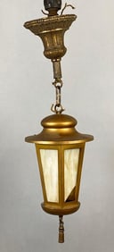 Antique Metal Hanging Pendant Lantern Light with Carmel Slag Glass Panels