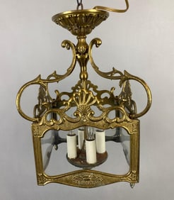Antique Ornate Brass Hanging Light Fixture with Clear Glass Panels