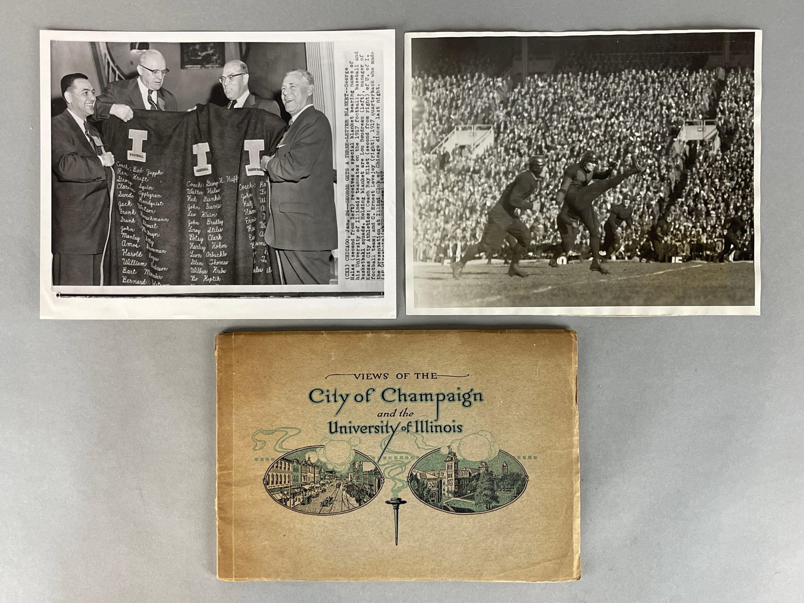 2 - Original University of Illinois Photos Including George Halas + 1914 Views of University of: 1927 U of I Game photo, 1957 George Halas Receives 3 Letter Blanket, 1914 Views of the City of Champaign and the University of Illinois