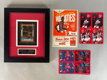 Framed Michael Jordan 1986 Fleer Replica Rookie + Wheaties Coupon Ad and Valentine Card