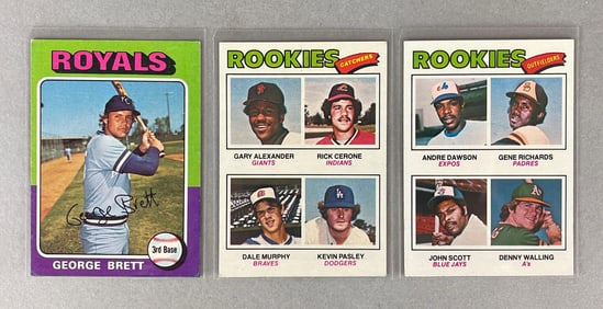 1975 Topps George Brett, 1977 Andre Dawson, and Dale Murphy Rookie